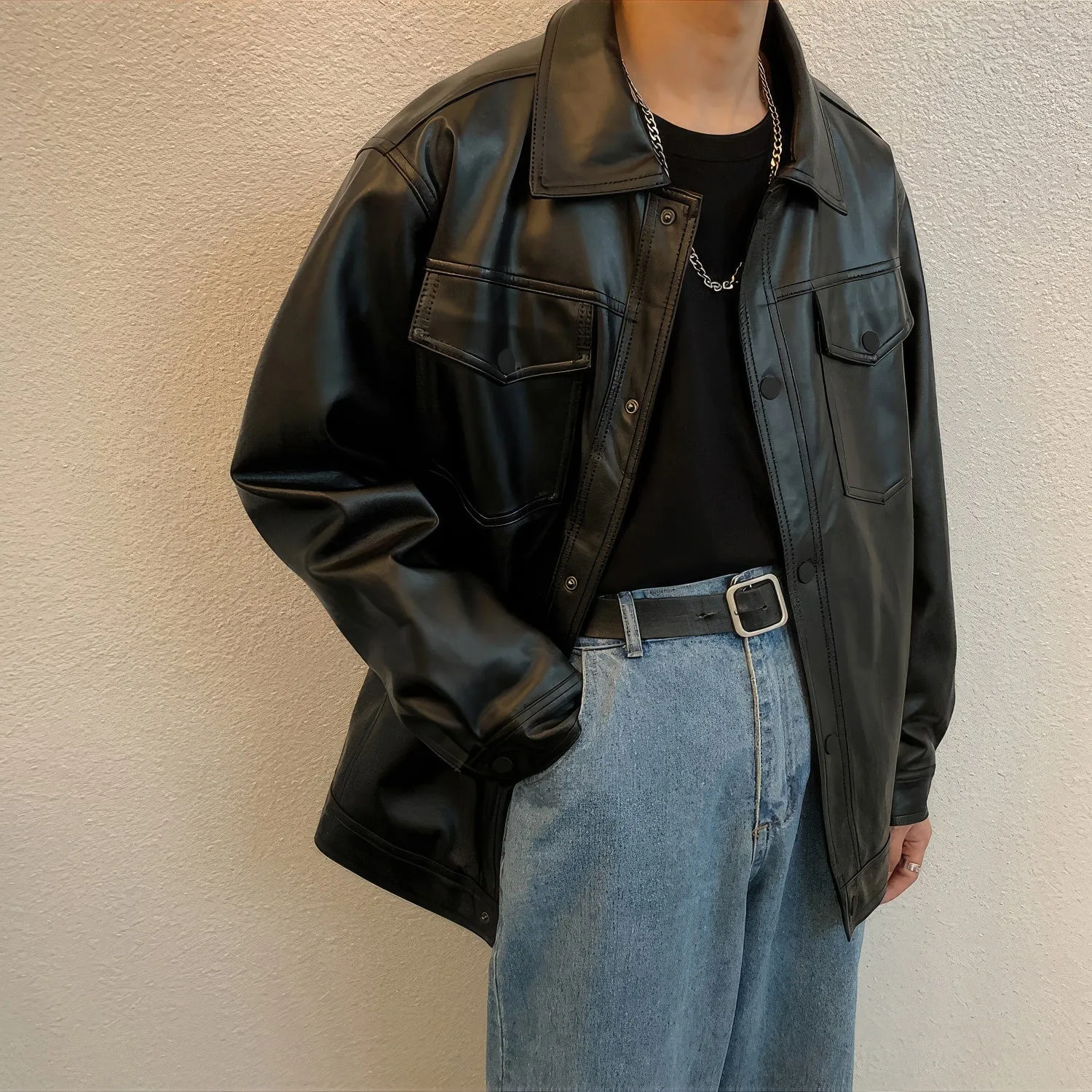 : Men’s Black Genuine Sheepskin Shirt Collar Oversized Street Style Casual Spring Loose Fashion Leather Jacket