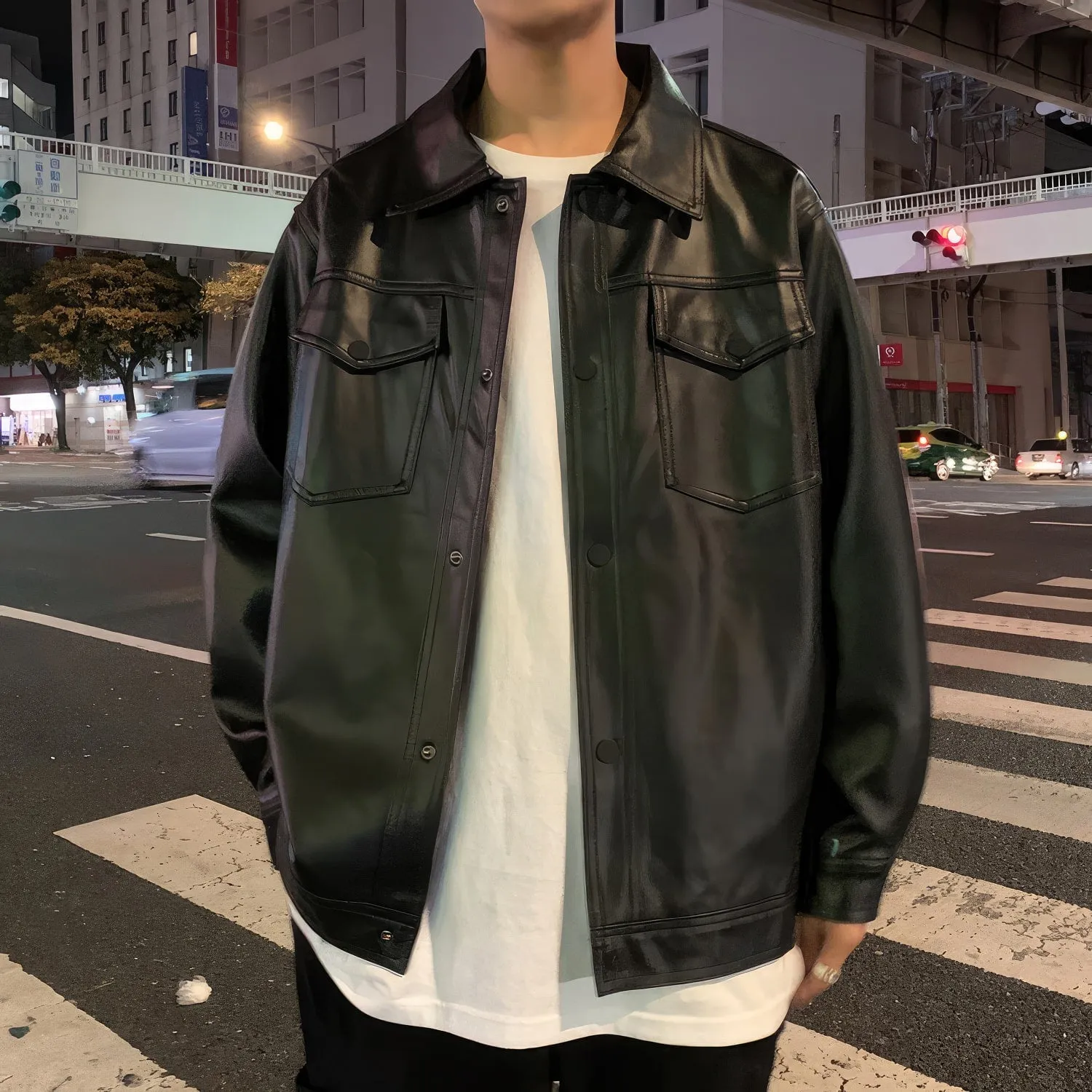 : Men’s Black Genuine Sheepskin Shirt Collar Oversized Street Style Casual Spring Loose Fashion Leather Jacket