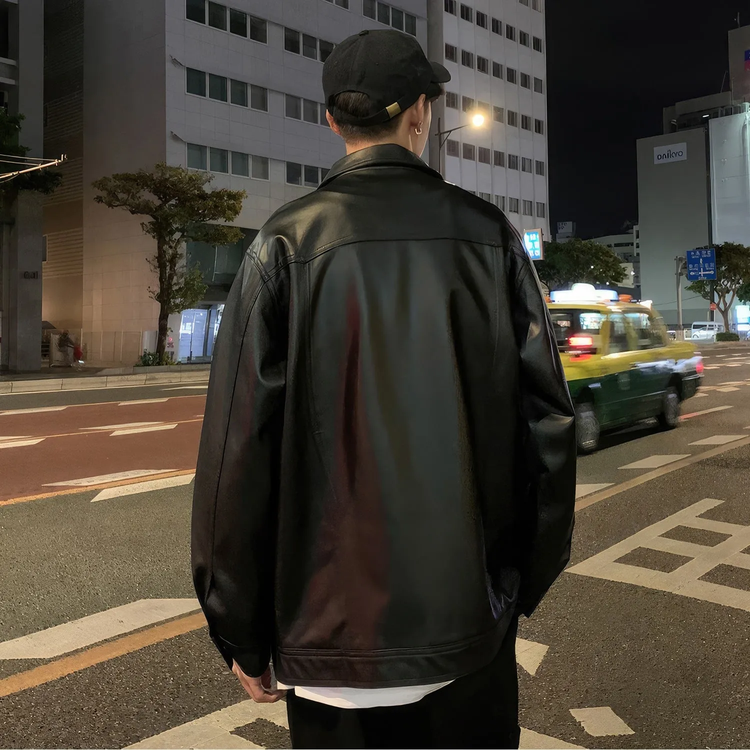 : Men’s Black Genuine Sheepskin Shirt Collar Oversized Street Style Casual Spring Loose Fashion Leather Jacket