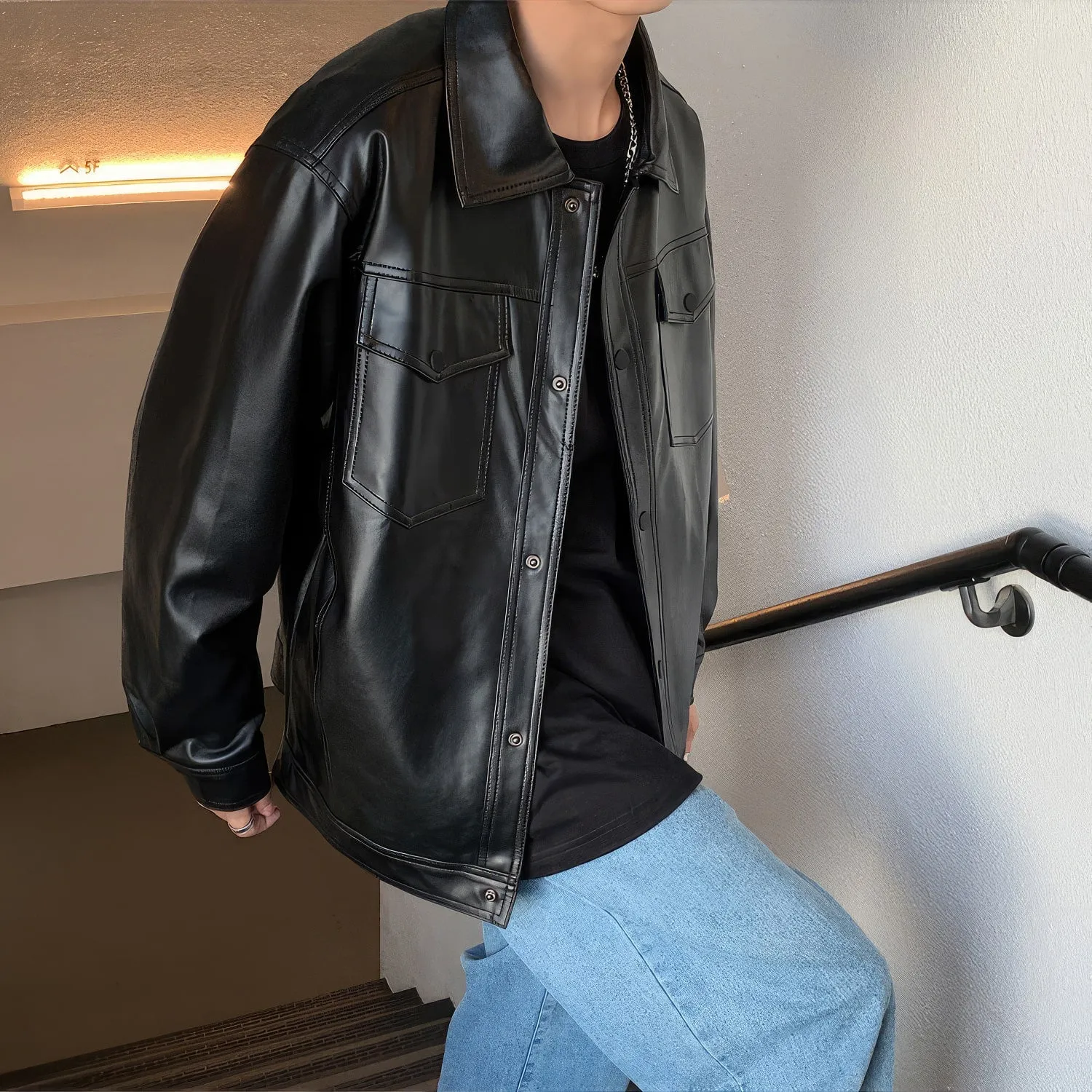 : Men’s Black Genuine Sheepskin Shirt Collar Oversized Street Style Casual Spring Loose Fashion Leather Jacket