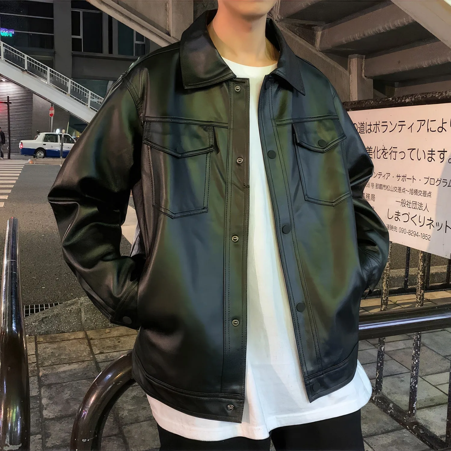 : Men’s Black Genuine Sheepskin Shirt Collar Oversized Street Style Casual Spring Loose Fashion Leather Jacket