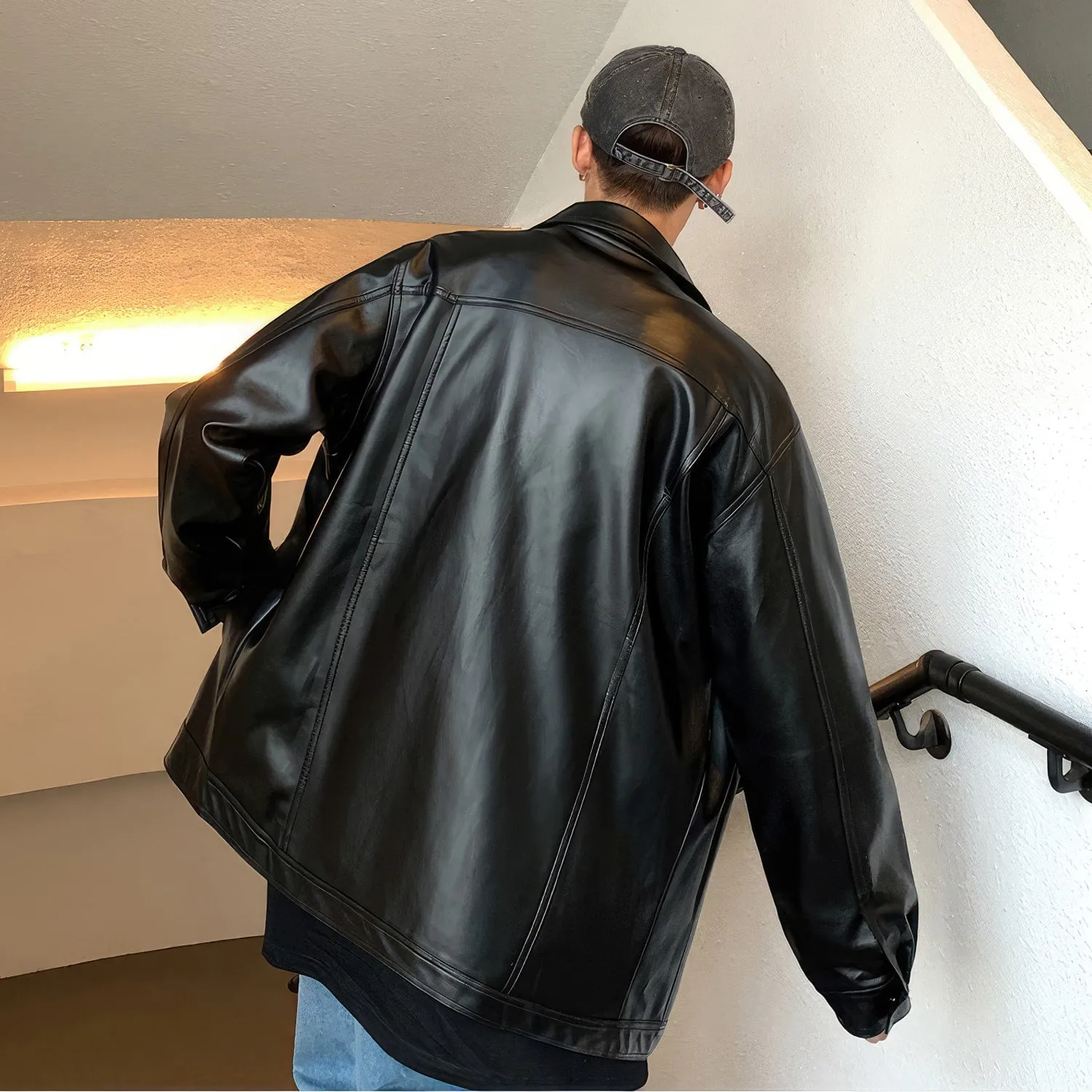 : Men’s Black Genuine Sheepskin Shirt Collar Oversized Street Style Casual Spring Loose Fashion Leather Jacket