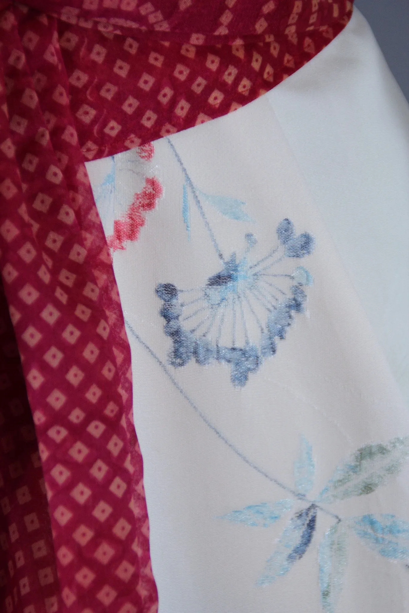 1960s Vintage Silk Kimono Robe / Pale Blue & Pink Floral
