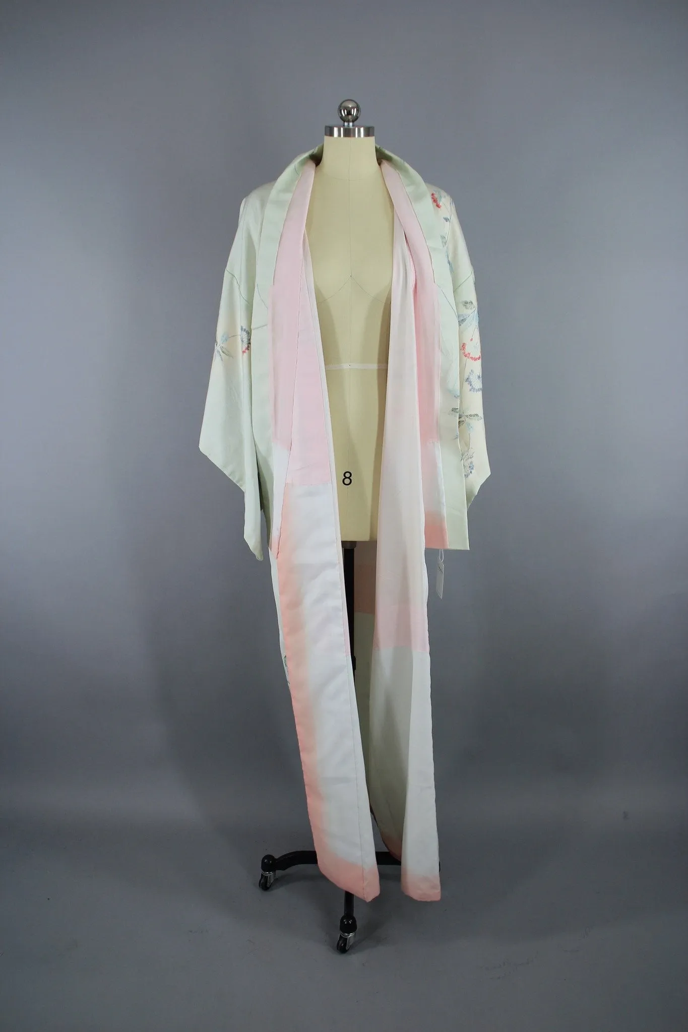 1960s Vintage Silk Kimono Robe / Pale Blue & Pink Floral