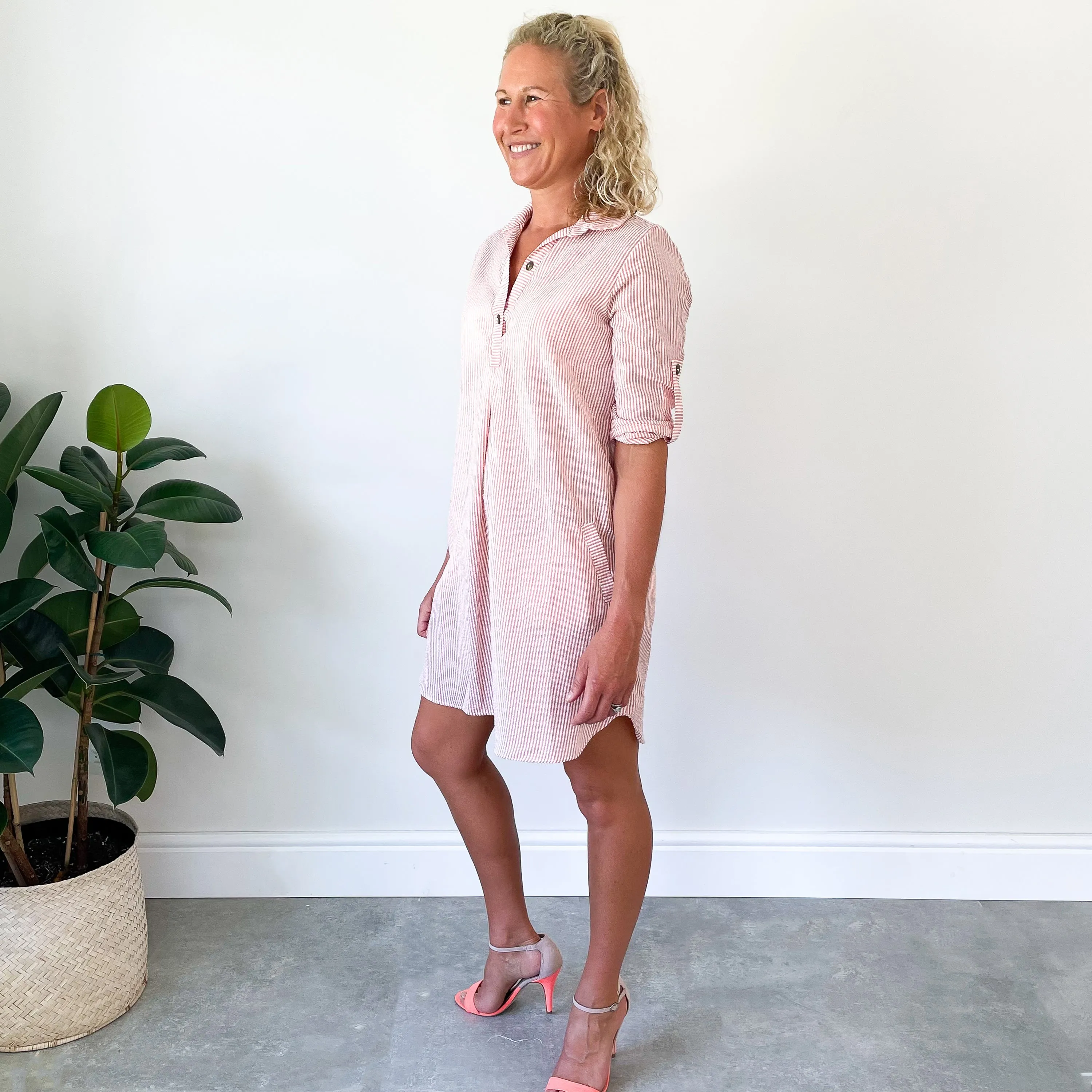 3/4 Sleeve Shirt Dress - Flamingo Stripe