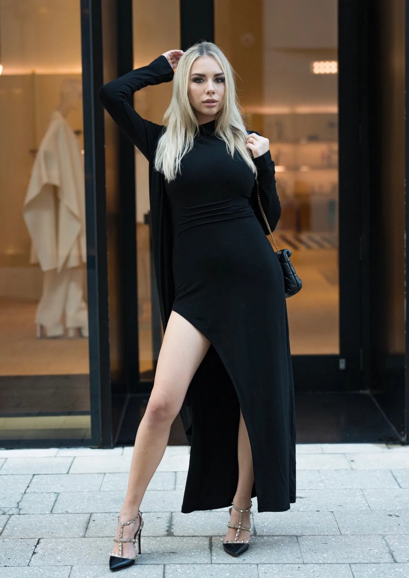 Angeliki Maxi Knit Dress Long Sleeves with Cape - Black