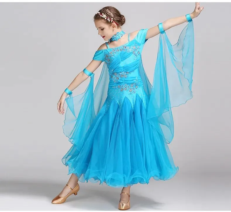 #B101 Floating Sleeves Childs Modern Dance Costumes-Ballroom Dress- Girls Ballroom Competition Dress