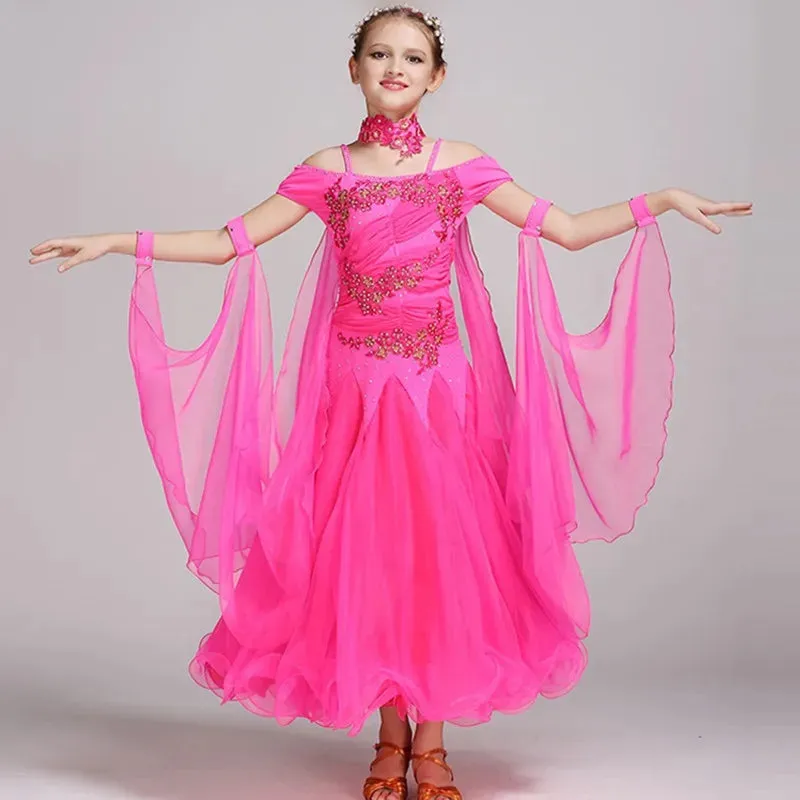 #B101 Floating Sleeves Childs Modern Dance Costumes-Ballroom Dress- Girls Ballroom Competition Dress
