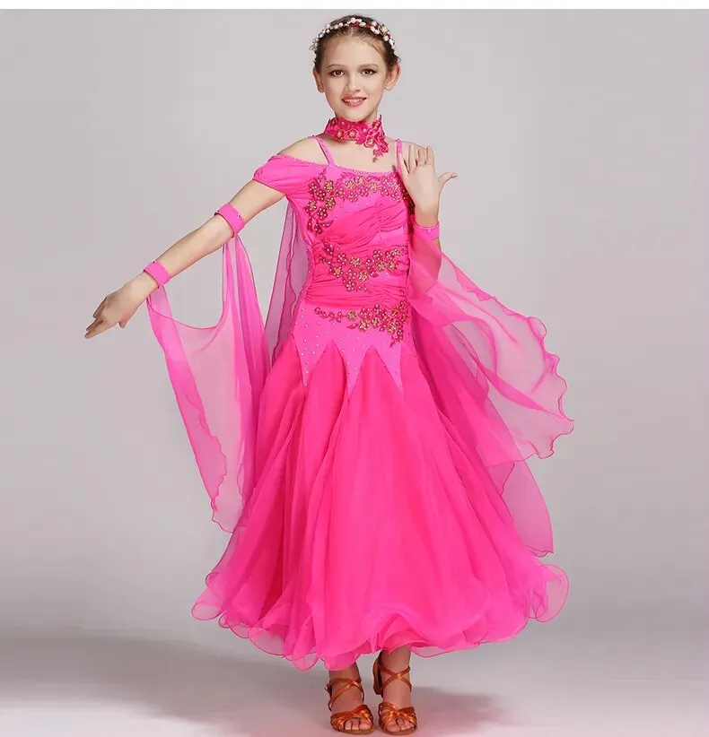 #B101 Floating Sleeves Childs Modern Dance Costumes-Ballroom Dress- Girls Ballroom Competition Dress