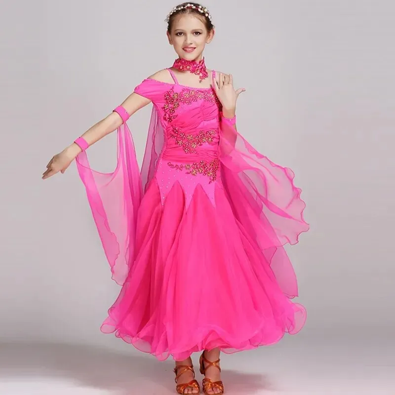 #B101 Floating Sleeves Childs Modern Dance Costumes-Ballroom Dress- Girls Ballroom Competition Dress