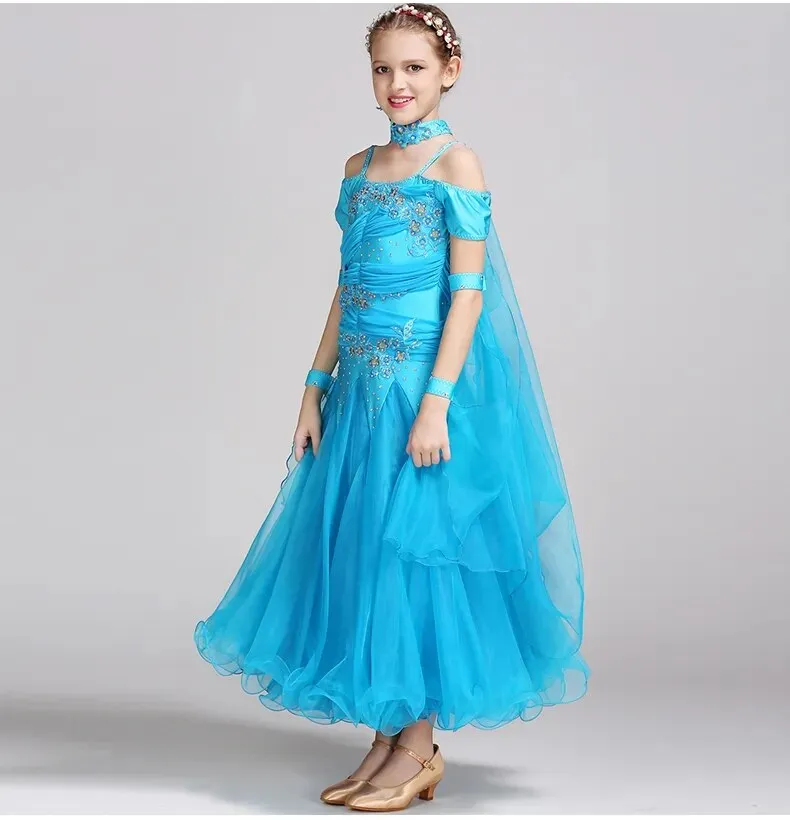 #B101 Floating Sleeves Childs Modern Dance Costumes-Ballroom Dress- Girls Ballroom Competition Dress