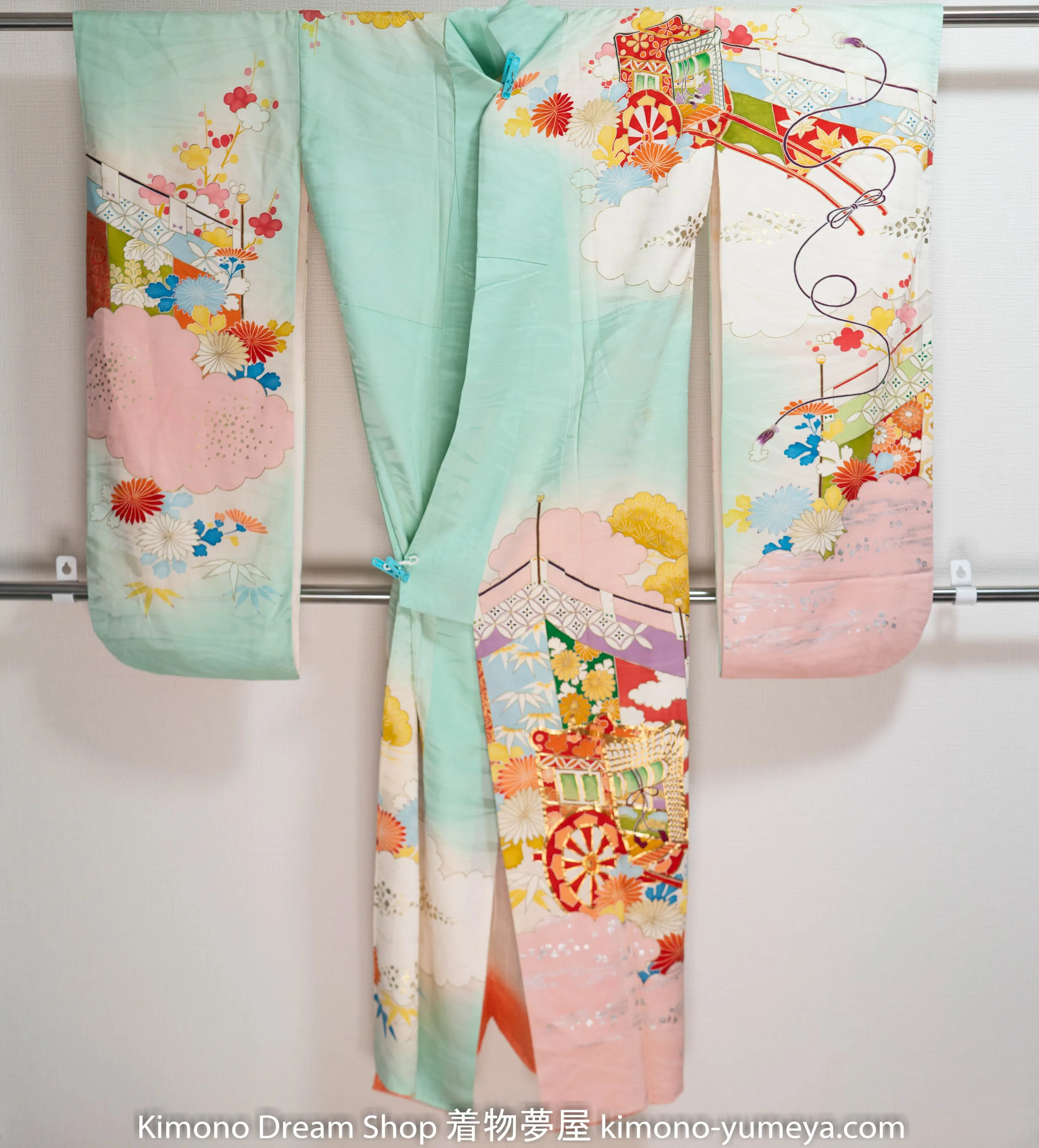 Baby Blue Wedding Cart Furisode - Vintage Silk Japanese Kimono - Shippo, Kikko, Clouds, Bamboo