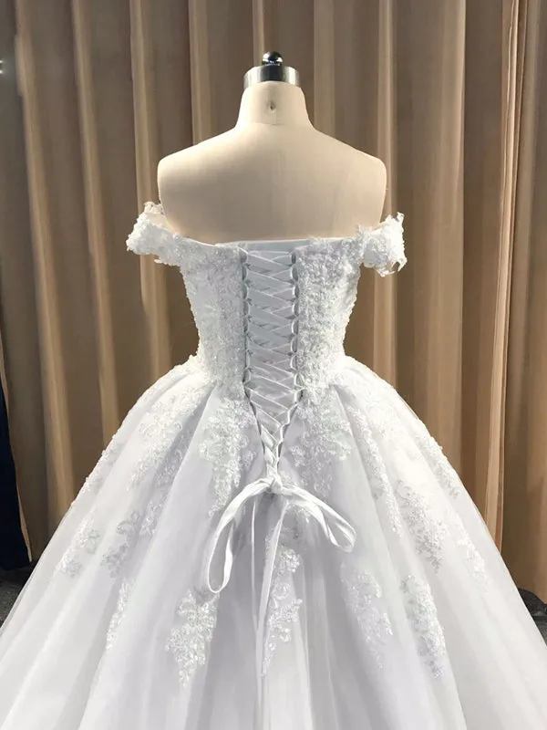 Ball Gown Cap Sleeve Lace Appliques Prom Dress 2022 Ivory Sweetheart Wedding Dress SMT07214