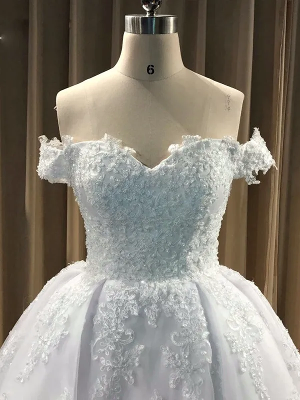 Ball Gown Cap Sleeve Lace Appliques Prom Dress 2022 Ivory Sweetheart Wedding Dress SMT07214