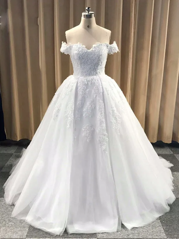 Ball Gown Cap Sleeve Lace Appliques Prom Dress 2022 Ivory Sweetheart Wedding Dress SMT07214