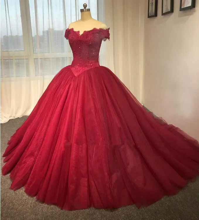 Ball Gown Off Shoulder Sleeve Burgundy Lace Wedding Dress
