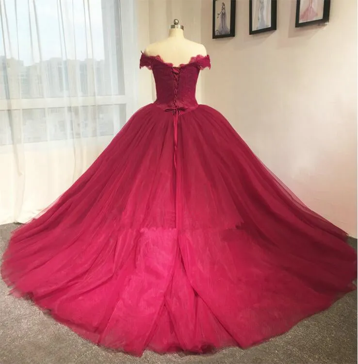 Ball Gown Off Shoulder Sleeve Burgundy Lace Wedding Dress