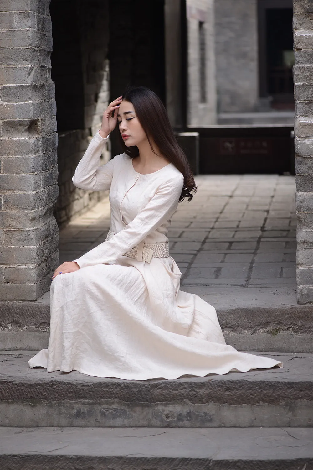 Beige long linen dress for womens cusual style with pockets by handmade C1570