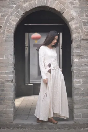 Beige long linen dress for womens cusual style with pockets by handmade C1570