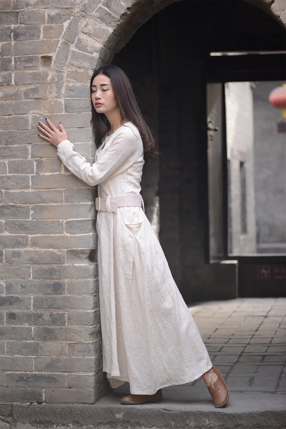 Beige long linen dress for womens cusual style with pockets by handmade C1570