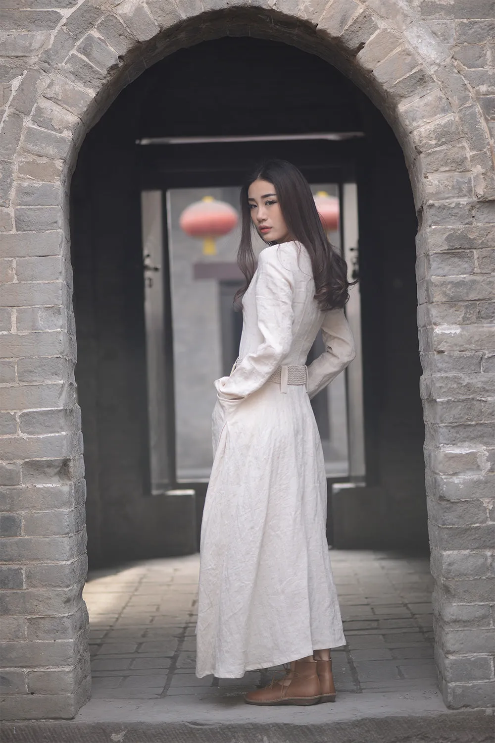 Beige long linen dress for womens cusual style with pockets by handmade C1570