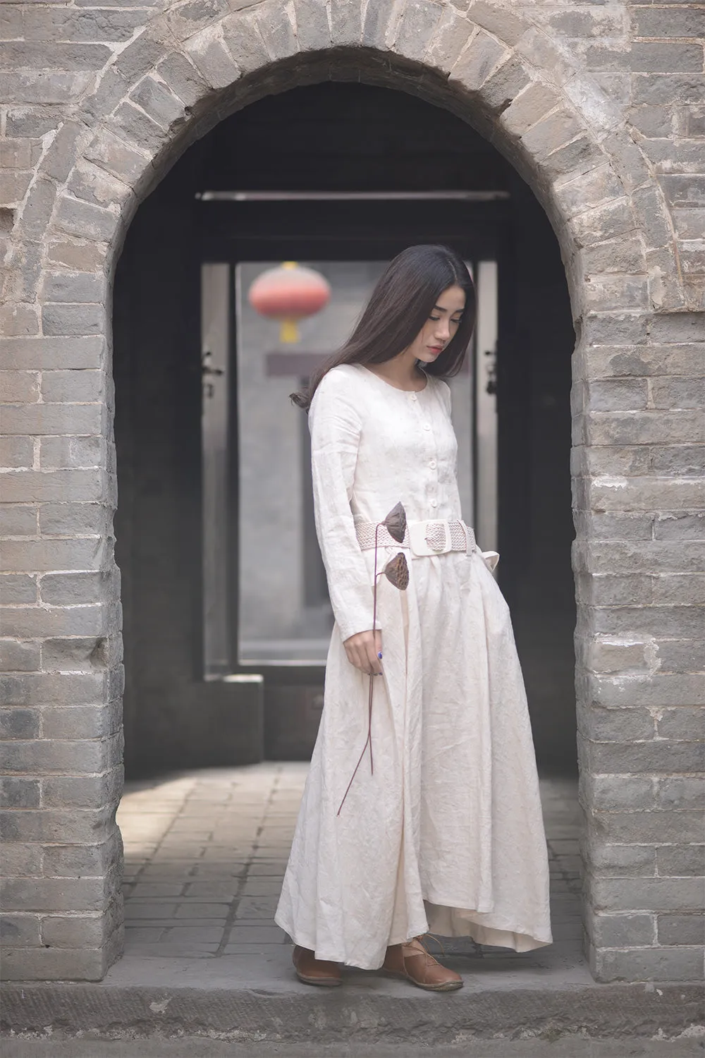 Beige long linen dress for womens cusual style with pockets by handmade C1570