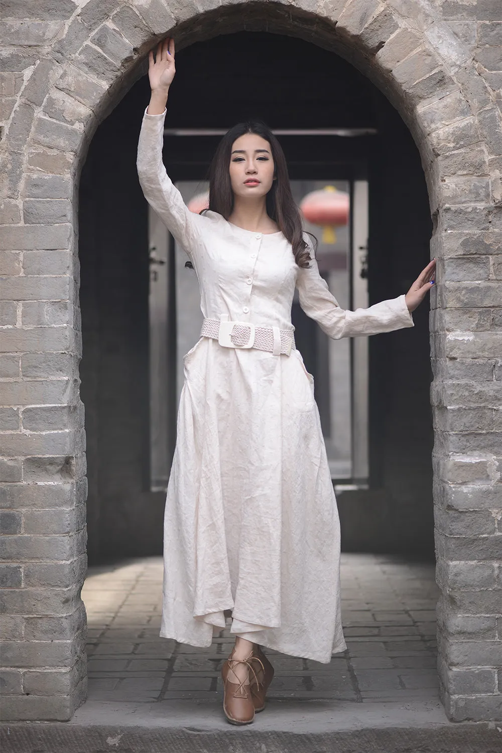 Beige long linen dress for womens cusual style with pockets by handmade C1570