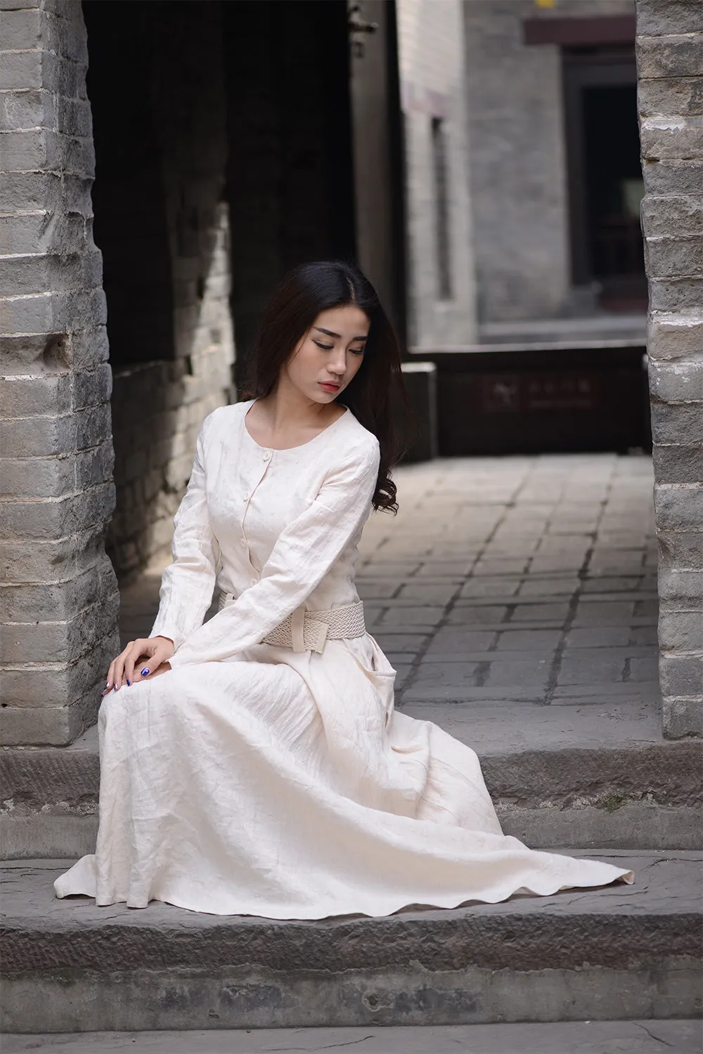 Beige long linen dress for womens cusual style with pockets by handmade C1570