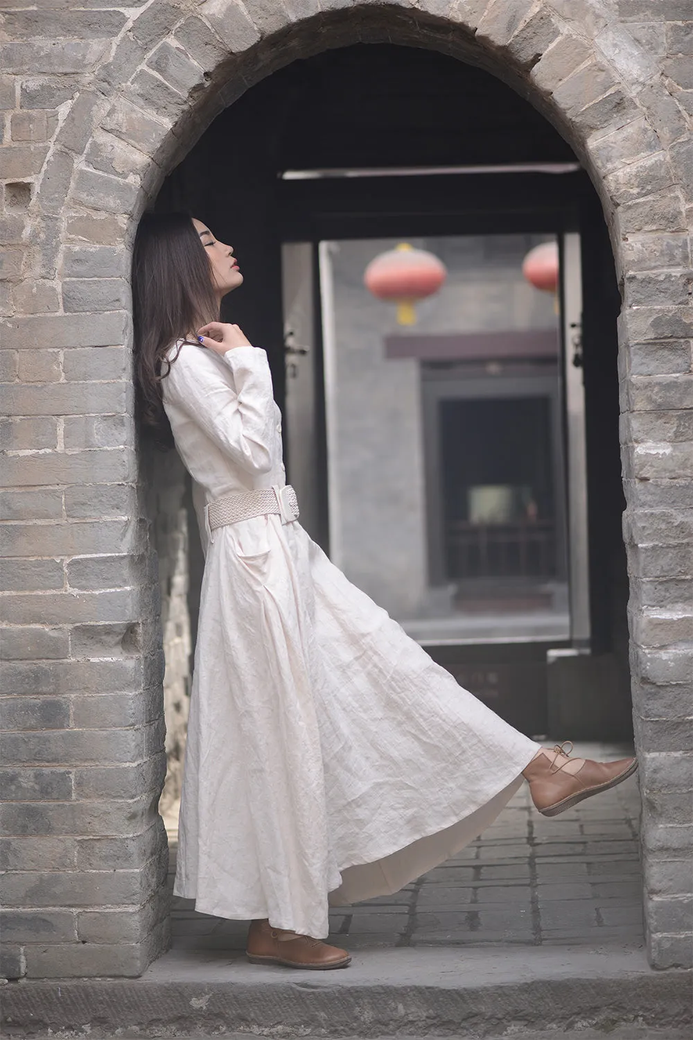 Beige long linen dress for womens cusual style with pockets by handmade C1570