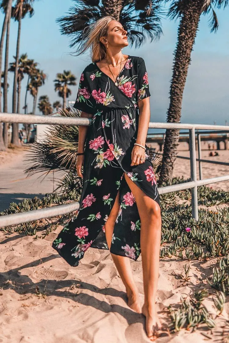 Black Floral Wrap Maxi Dress