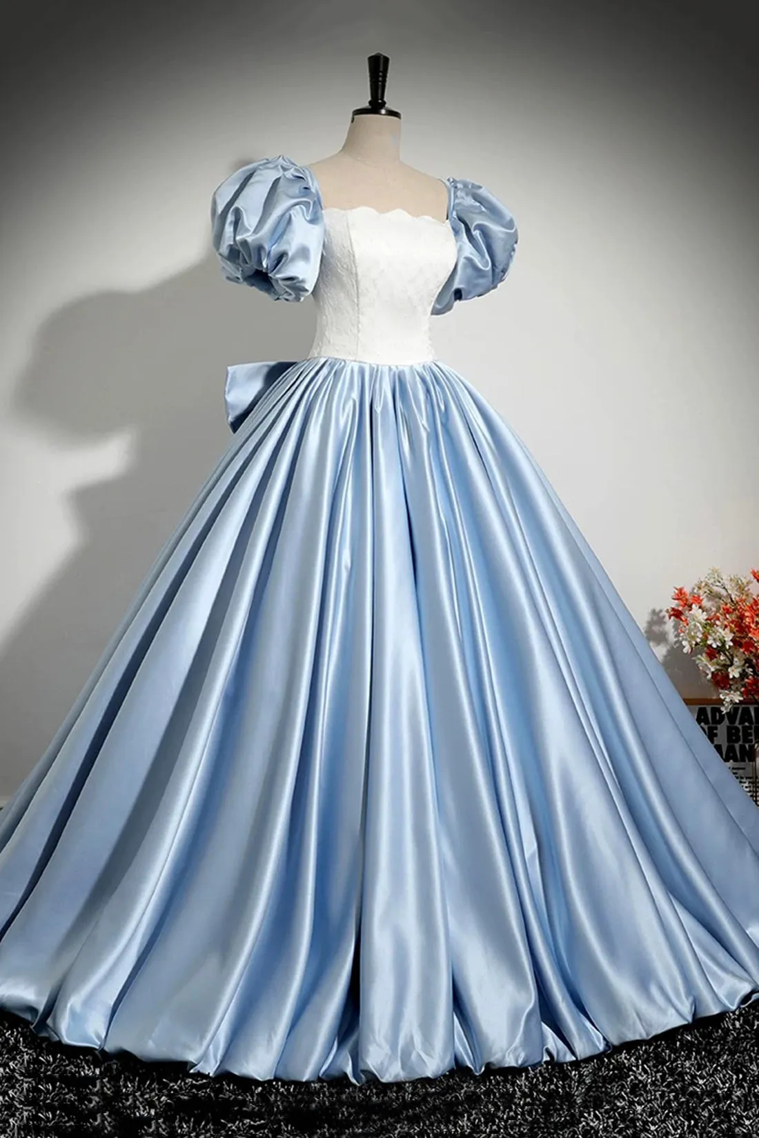 Blue and White Satin Floor Length Prom Dress, A-Line Short Sleeve Evening Party Dress