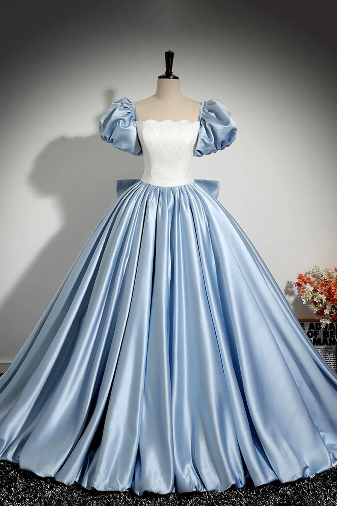 Blue and White Satin Floor Length Prom Dress, A-Line Short Sleeve Evening Party Dress