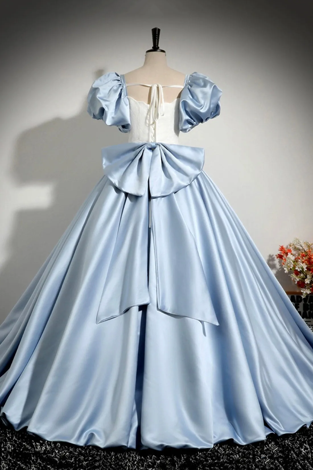 Blue and White Satin Floor Length Prom Dress, A-Line Short Sleeve Evening Party Dress