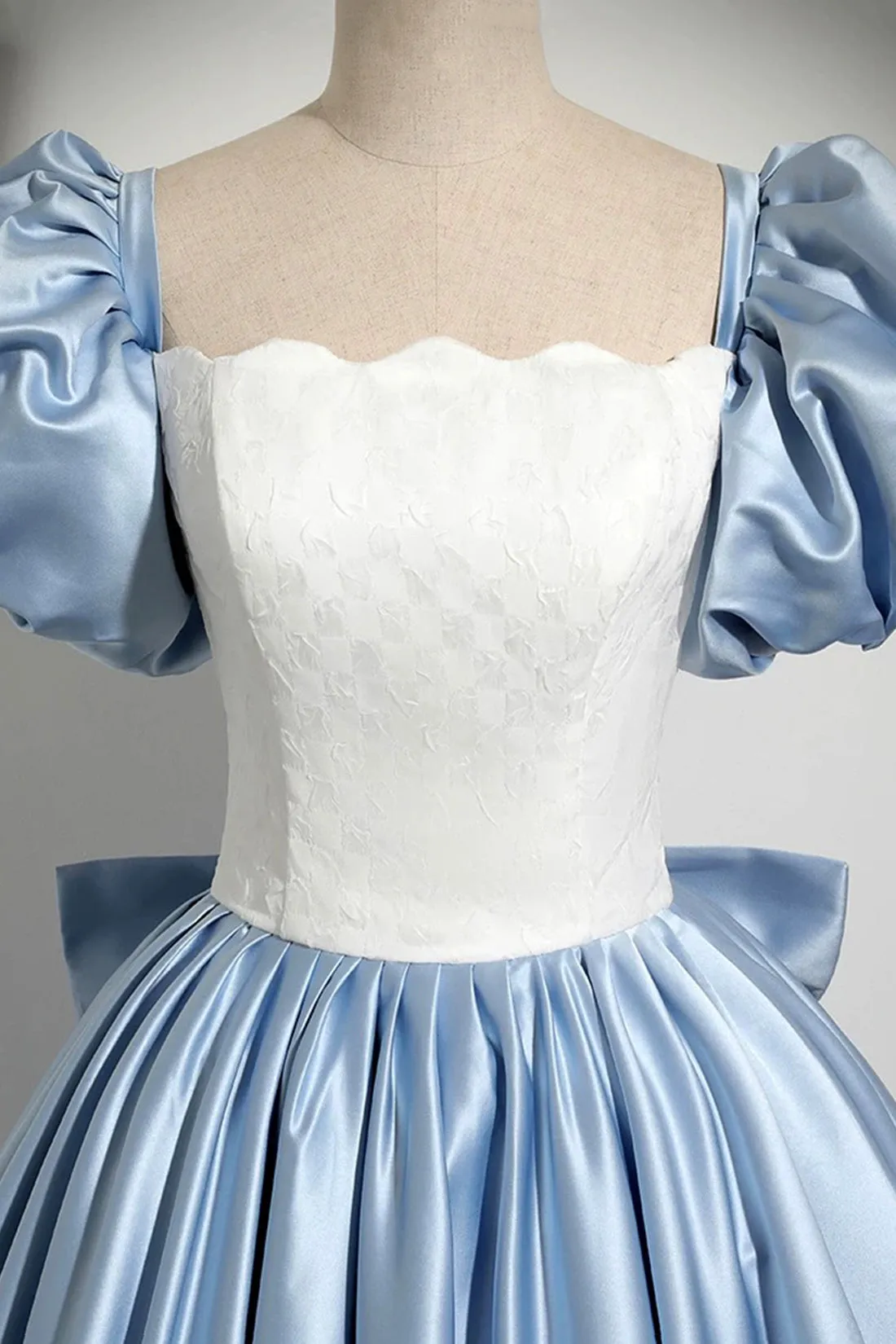 Blue and White Satin Floor Length Prom Dress, A-Line Short Sleeve Evening Party Dress