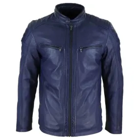Blue Biker Style Genuine Leather Jacket