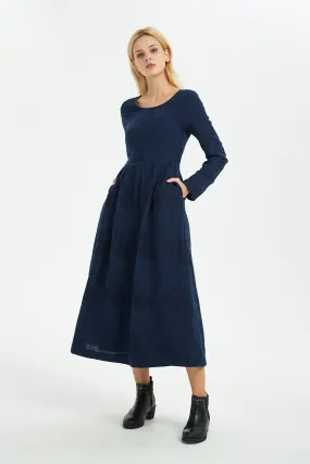 Blue linen dress, women dress, print flower dress, long dress, linen dress, women dress linen, print linen dress, pocket dress C1367