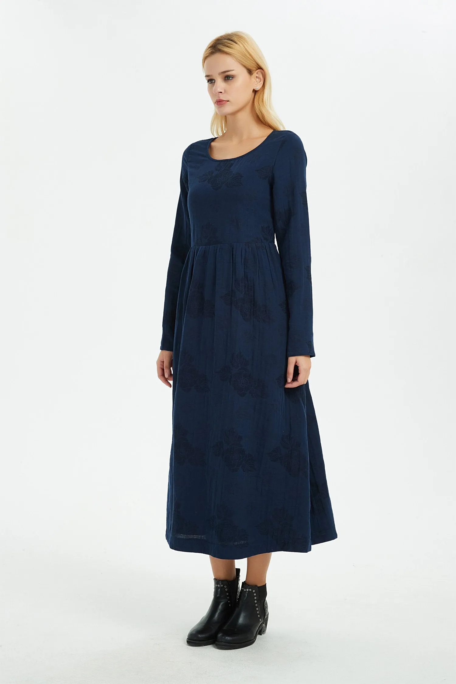 Blue linen dress, women dress, print flower dress, long dress, linen dress, women dress linen, print linen dress, pocket dress C1367
