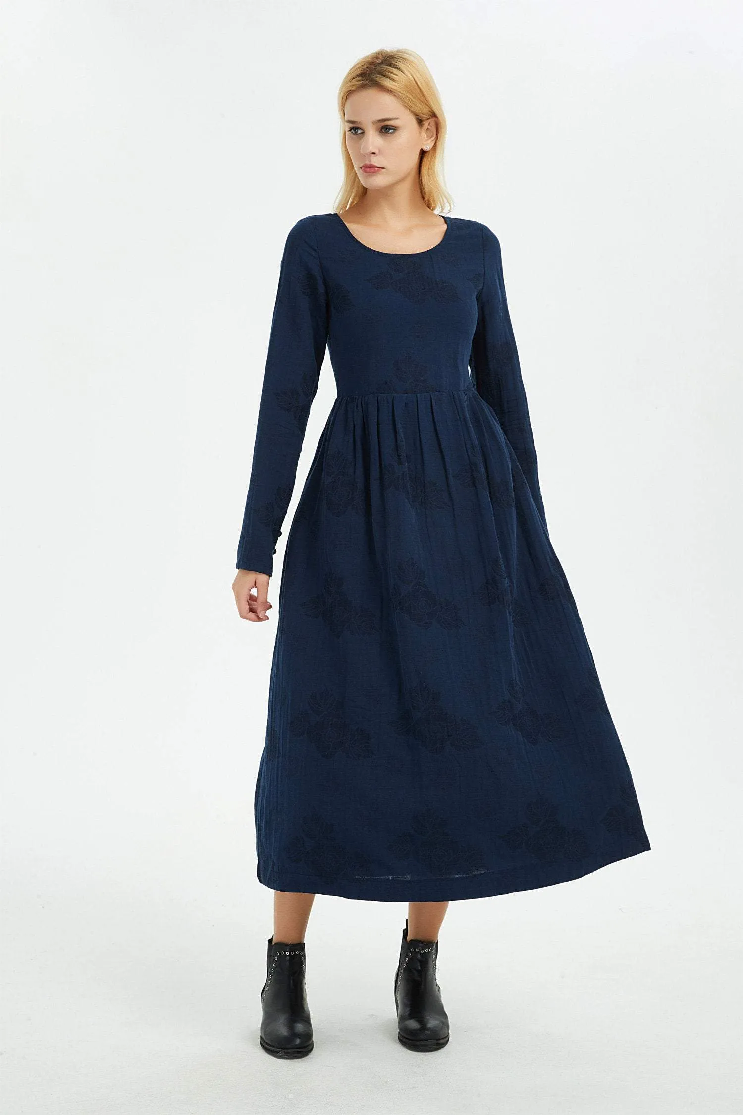 Blue linen dress, women dress, print flower dress, long dress, linen dress, women dress linen, print linen dress, pocket dress C1367