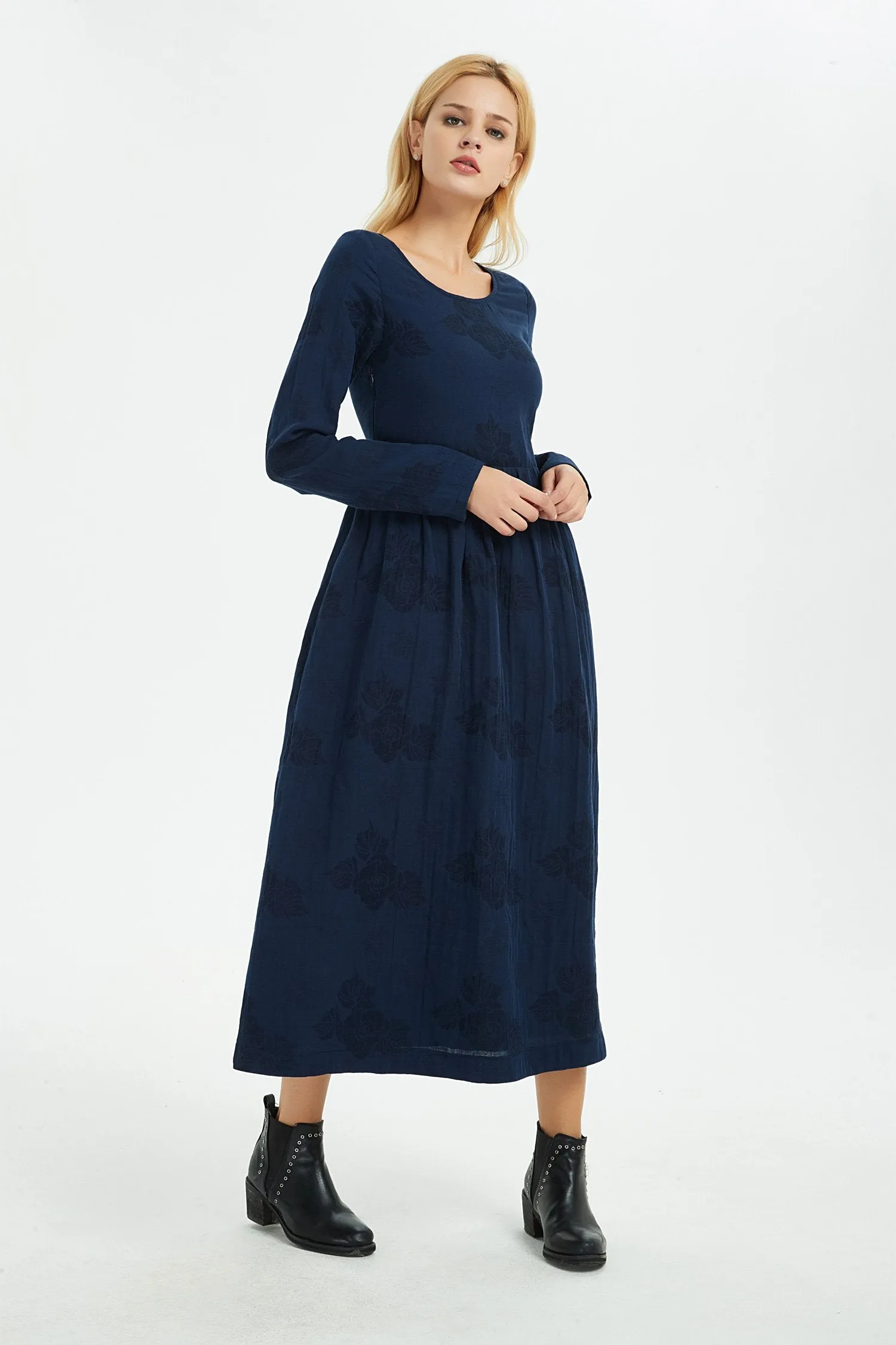 Blue linen dress, women dress, print flower dress, long dress, linen dress, women dress linen, print linen dress, pocket dress C1367
