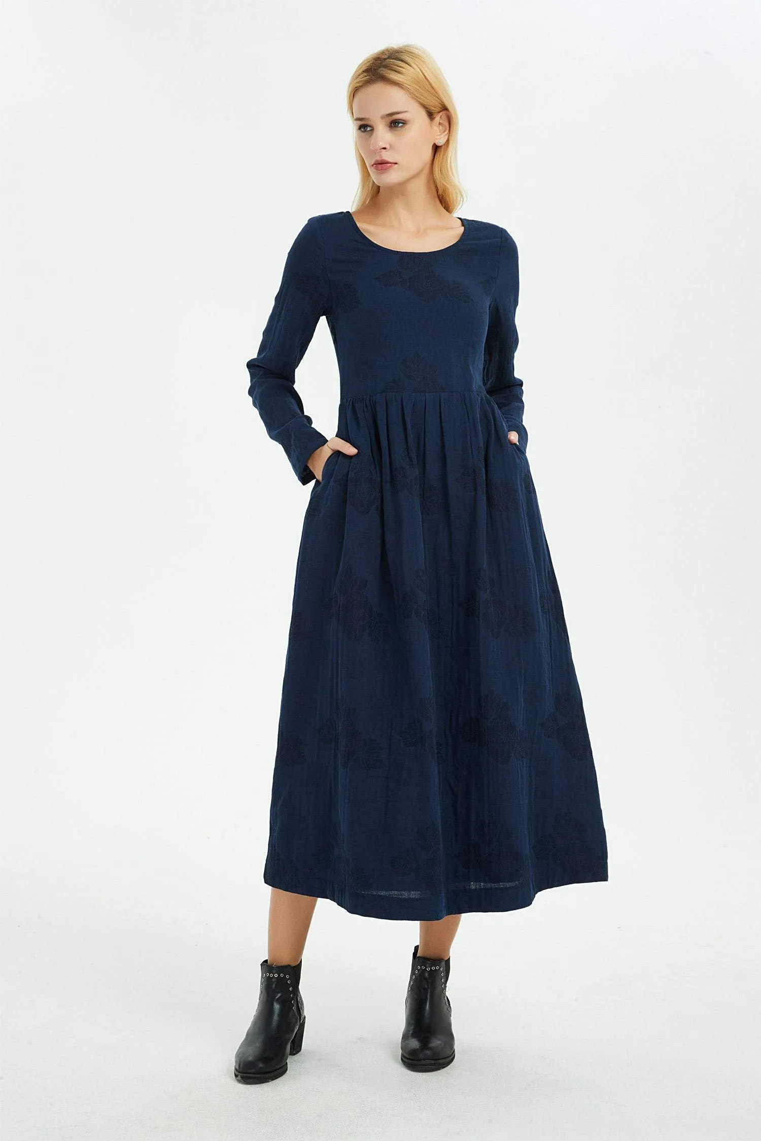 Blue linen dress, women dress, print flower dress, long dress, linen dress, women dress linen, print linen dress, pocket dress C1367