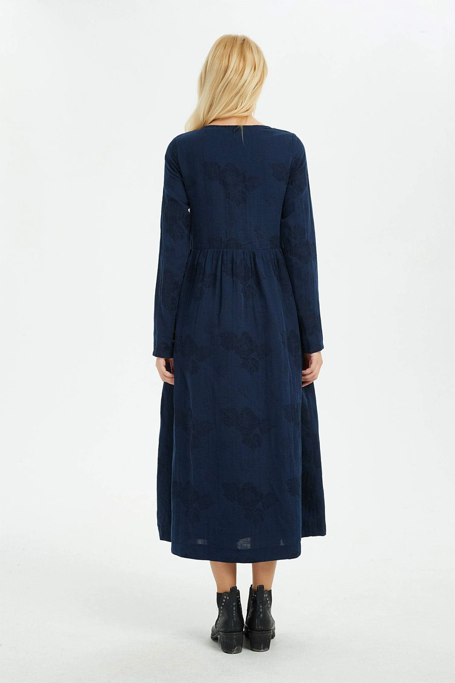 Blue linen dress, women dress, print flower dress, long dress, linen dress, women dress linen, print linen dress, pocket dress C1367
