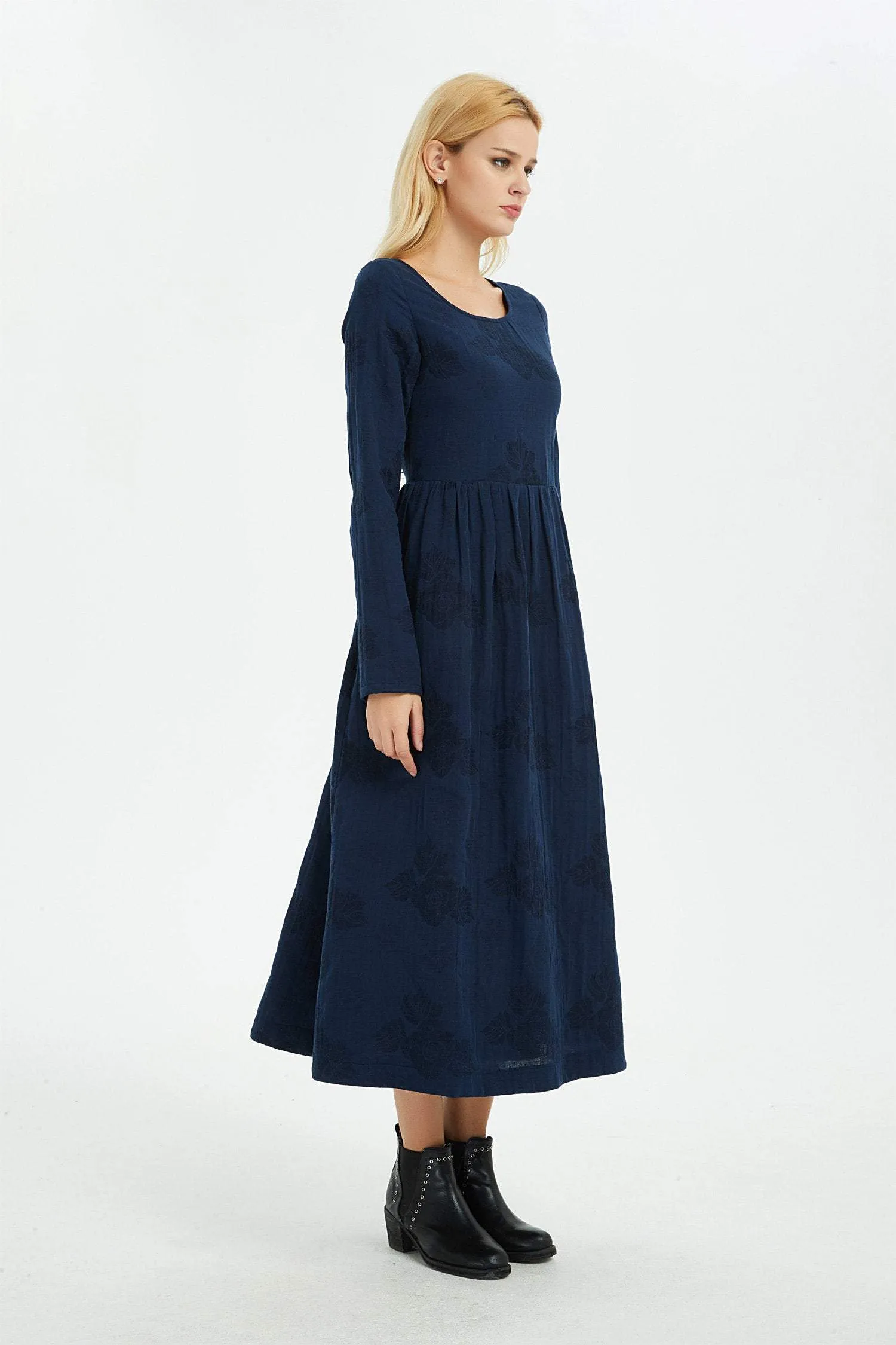Blue linen dress, women dress, print flower dress, long dress, linen dress, women dress linen, print linen dress, pocket dress C1367