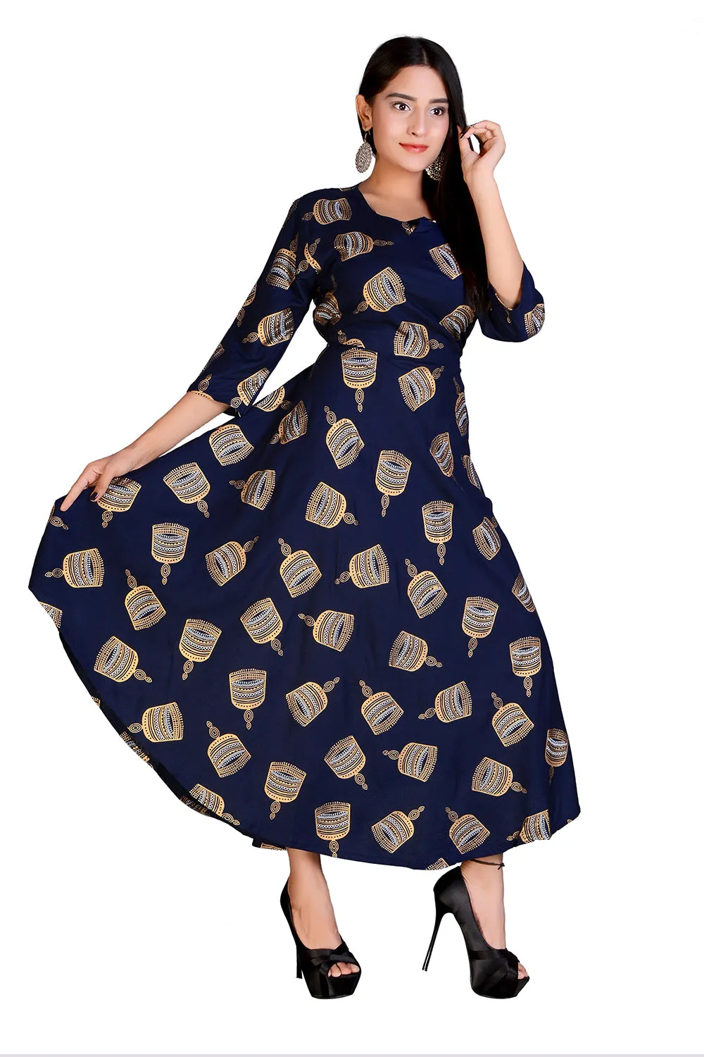 Blue Rayon Long Gold Traditional Maxi
