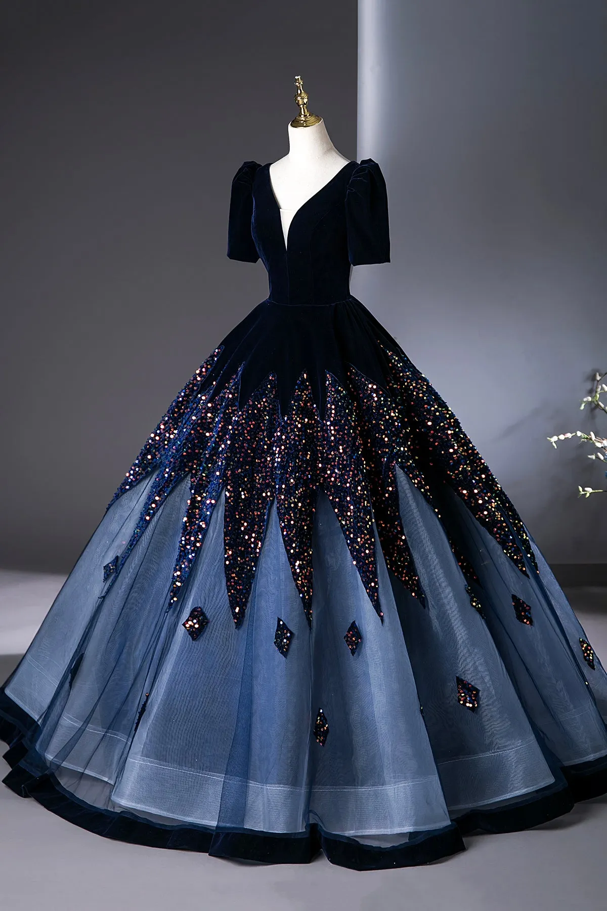 Blue V-Neck Velvet and Sequins Long Prom Dress, A-Line Short Sleeve Evening Party Dress