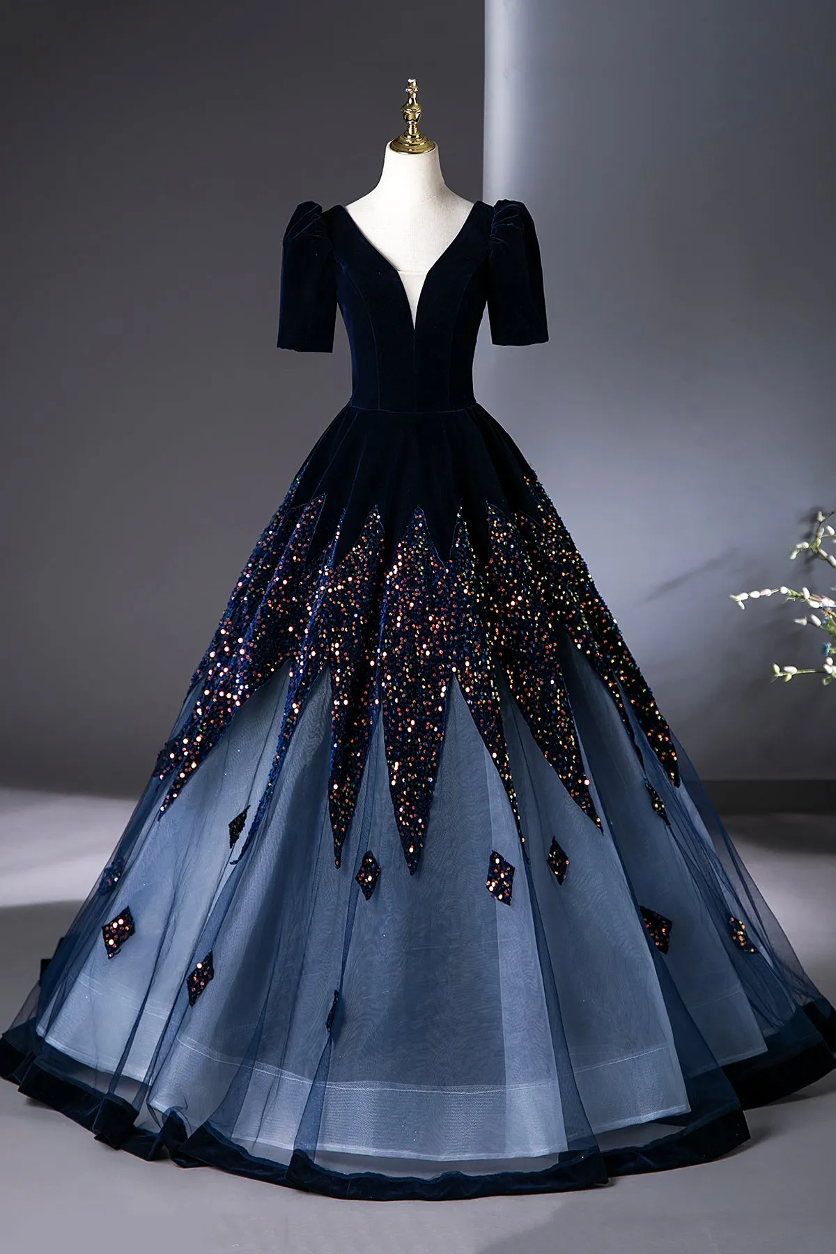 Blue V-Neck Velvet and Sequins Long Prom Dress, A-Line Short Sleeve Evening Party Dress