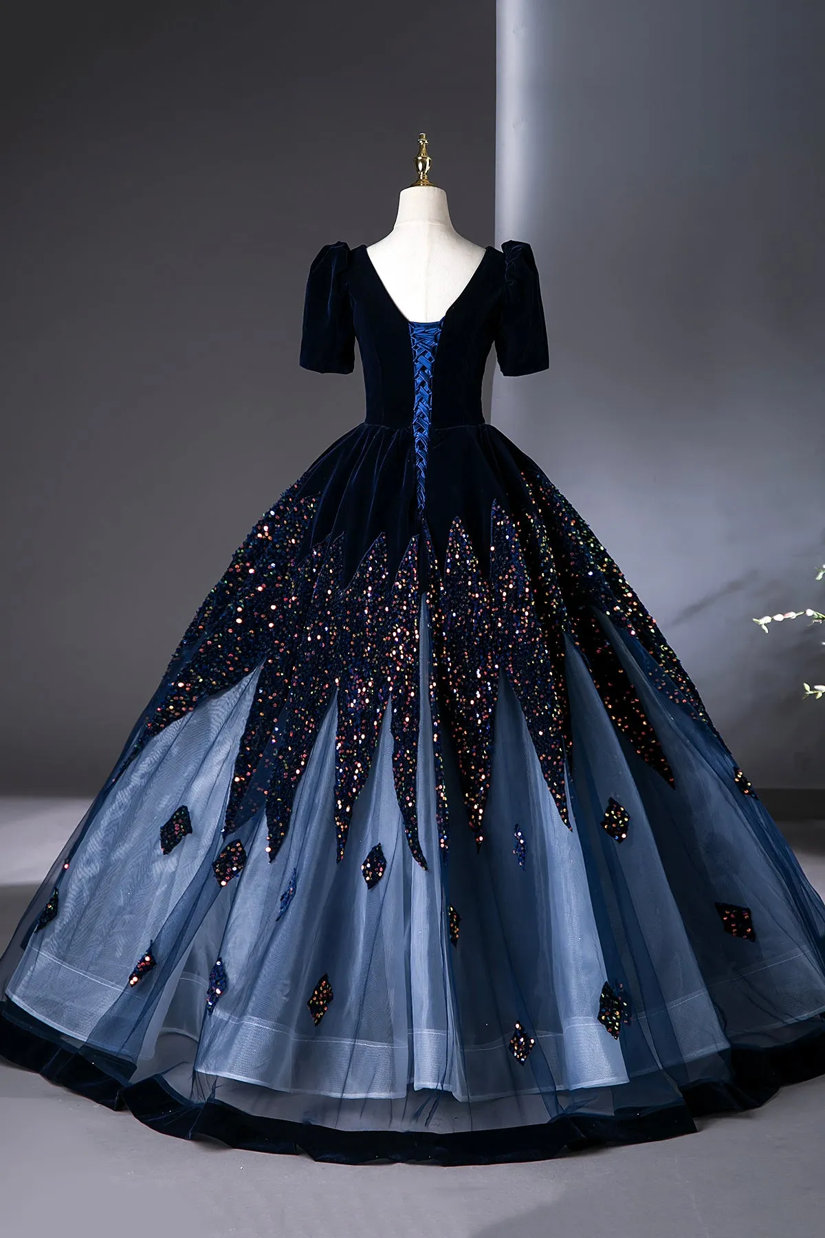 Blue V-Neck Velvet and Sequins Long Prom Dress, A-Line Short Sleeve Evening Party Dress