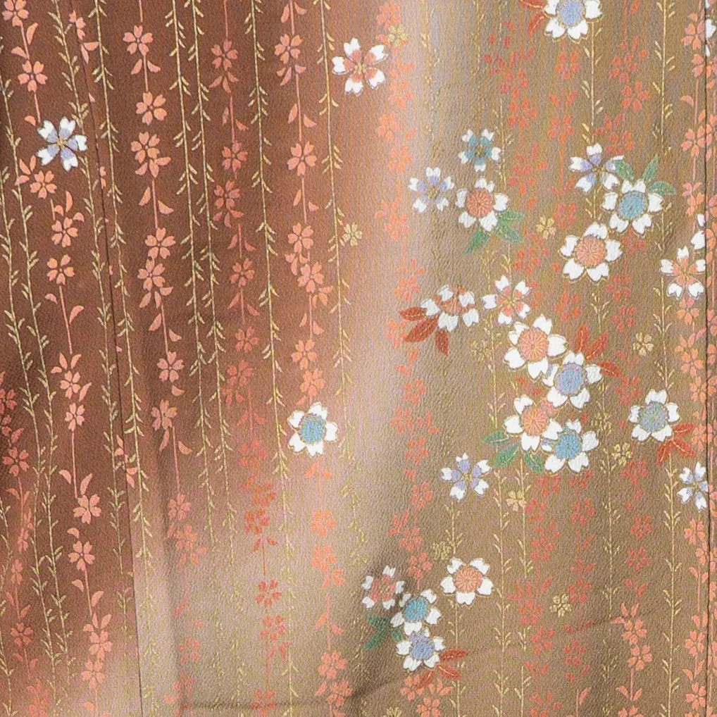 Brown Chirimen Houmongi with Abstract Multicolored Pattern - Cherry and Plum Blossoms