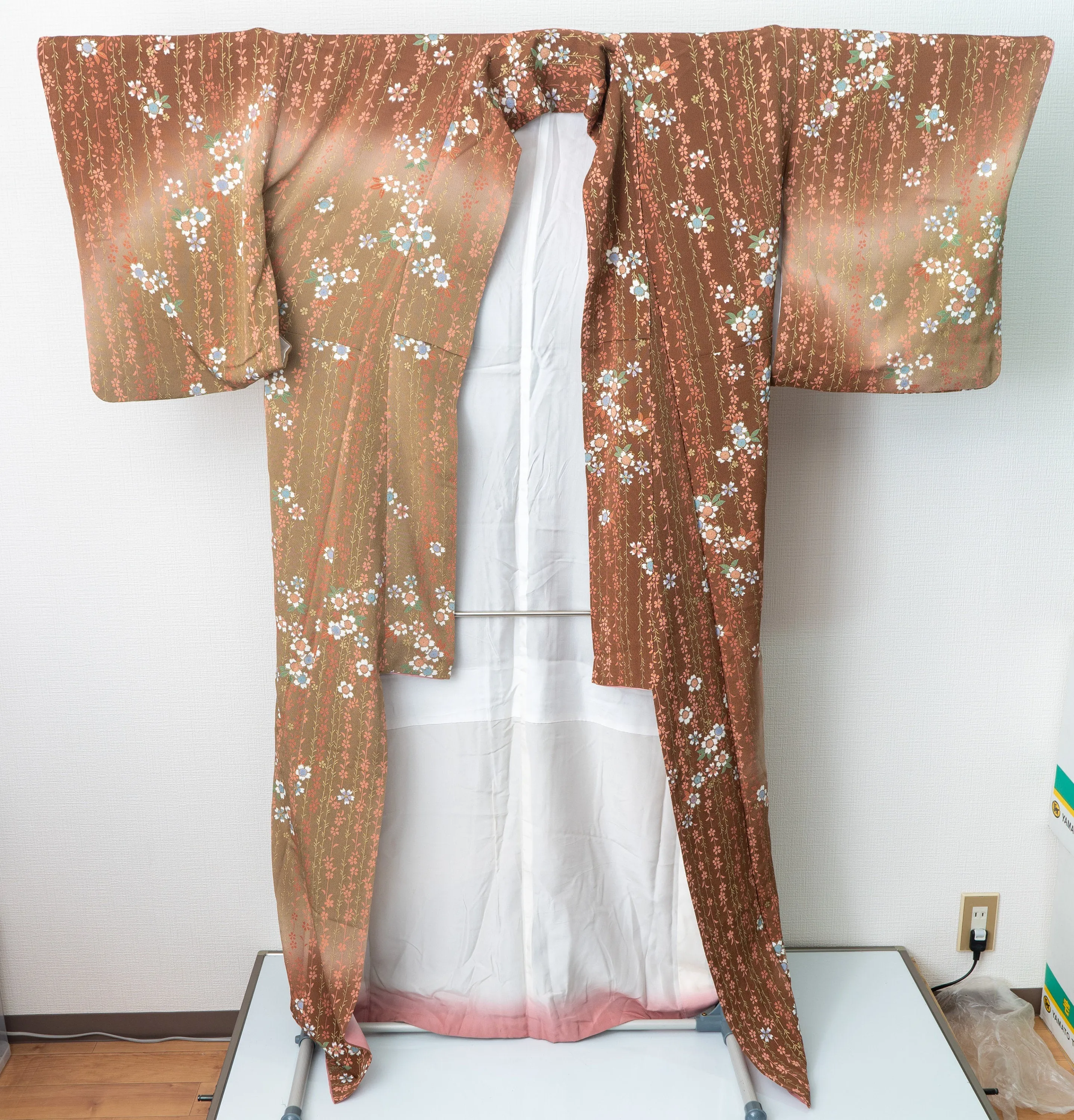 Brown Chirimen Houmongi with Abstract Multicolored Pattern - Cherry and Plum Blossoms