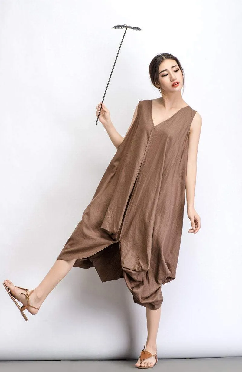 Brown Linen dress, long linen dress, midi Dress, linen dress, sleeveless dress, womens dresses, asymmetrical dress, summer dress (C488)