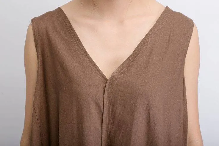 Brown Linen dress, long linen dress, midi Dress, linen dress, sleeveless dress, womens dresses, asymmetrical dress, summer dress (C488)